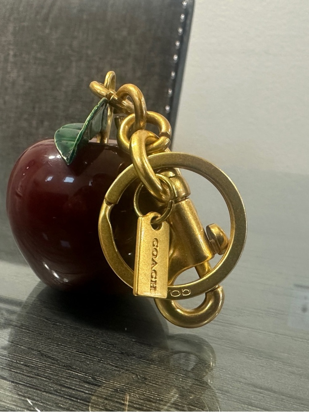Coach Apple Keychain Charm in Deep Red with Green Leaf and Gold Hardware